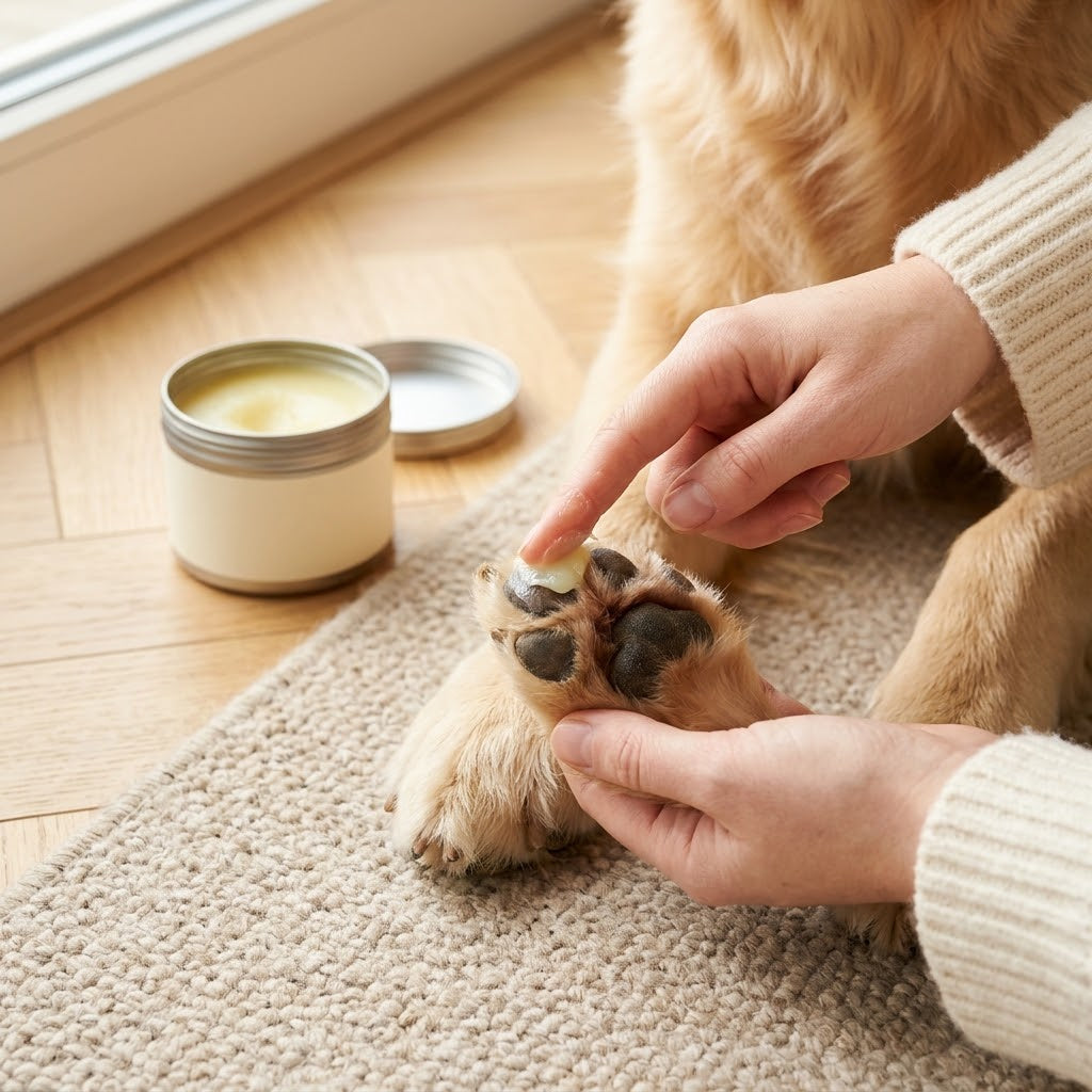 Application du Baume sous la patte d'un golden retriever