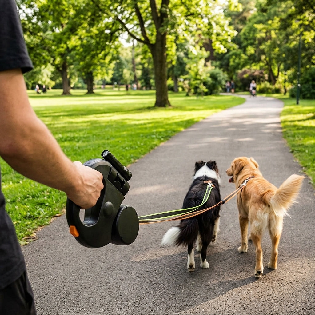 Promenade avec deux chiens tenus par La Flânerie