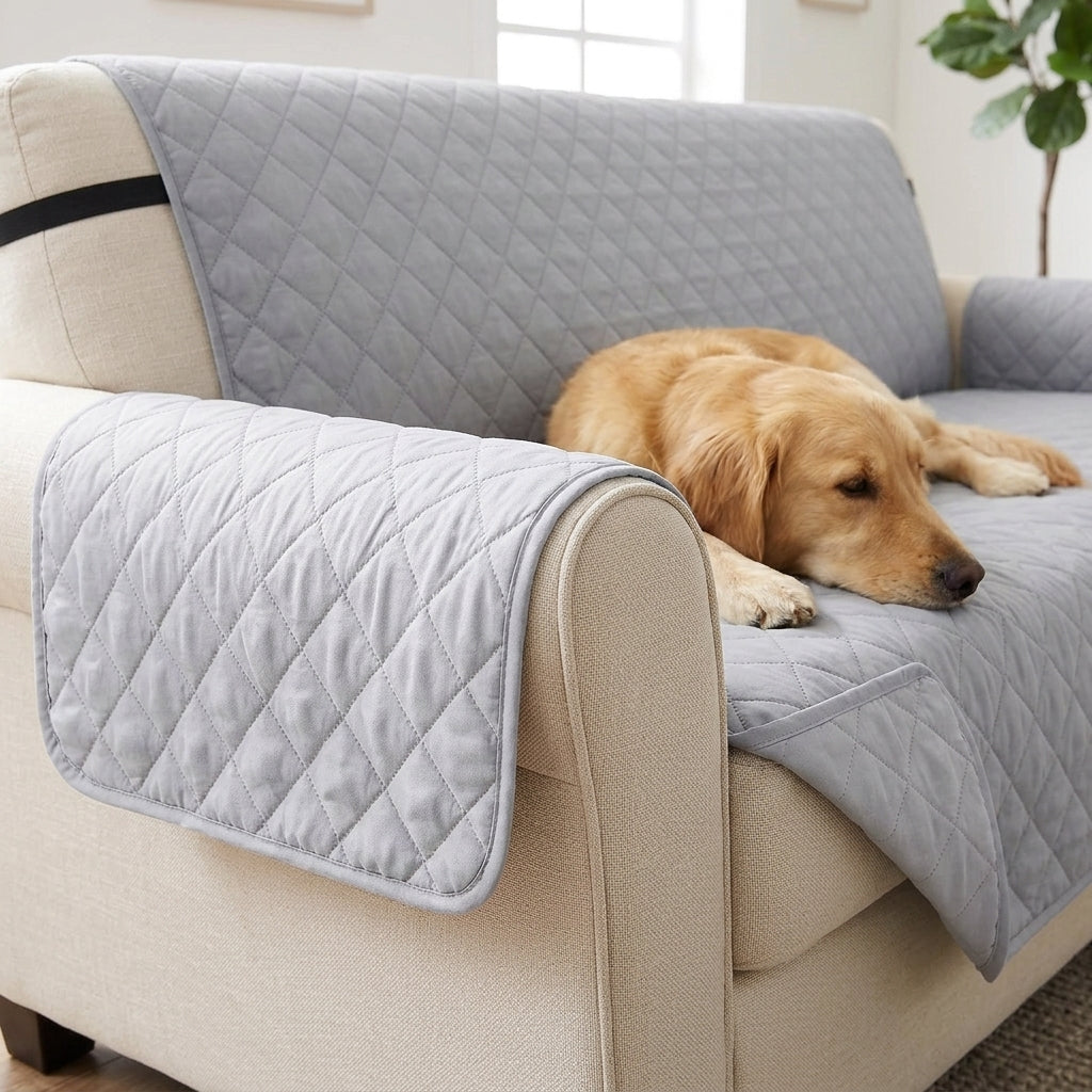 Le Jeté gris clair sur un canapé, un golden retriever allongé
