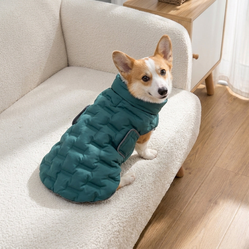 Le Paletot coloris Vert porté par un corgi assis sur un fauteuil