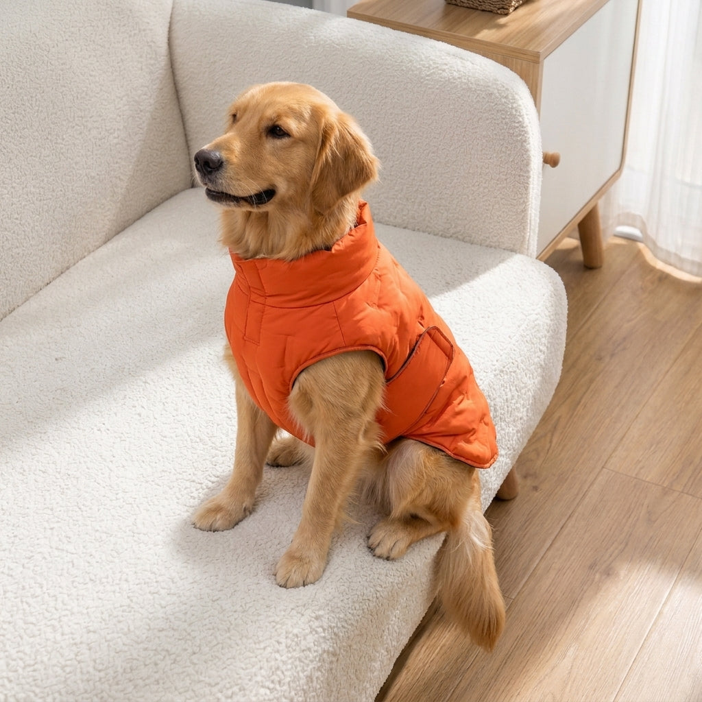 Le Paletot coloris Orange porté par un golden retriever assis sur un fauteuil