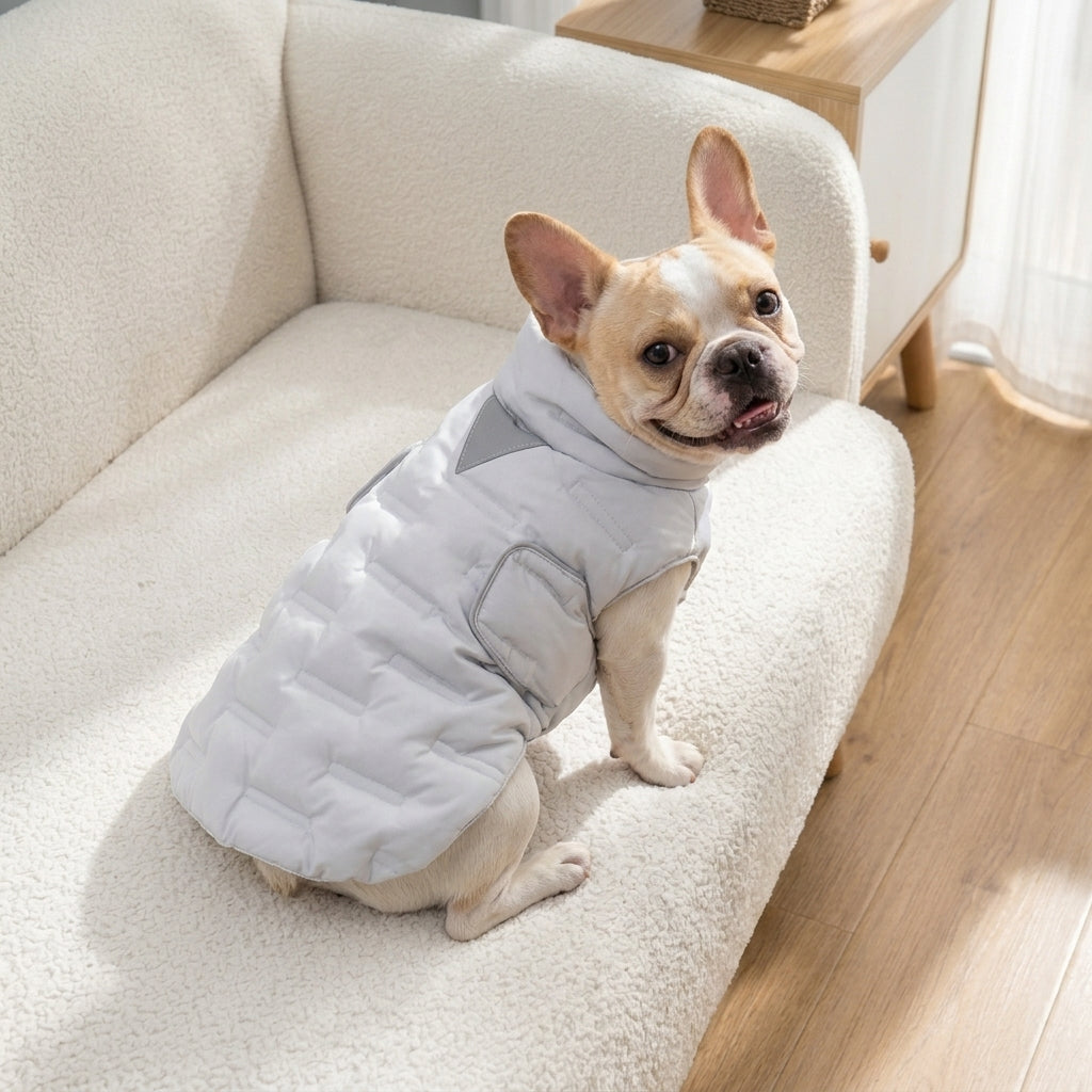 Le Paletot coloris Gris clair porté par un bouledogue français assis sur un fauteuil