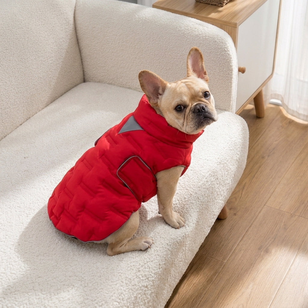 Le Paletot coloris Rouge porté par un bouledogue français assis sur un fauteuil
