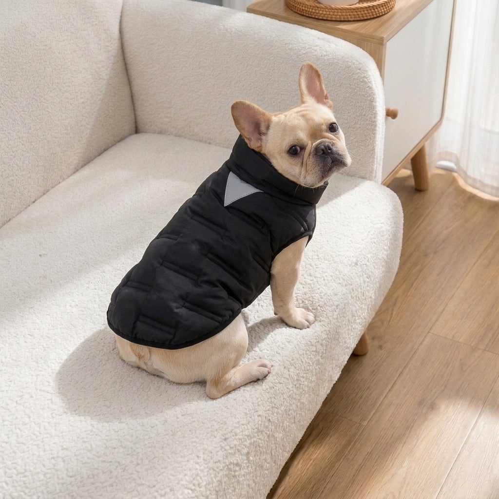 Le Paletot coloris Noir porté par un bouledogue français, col montant