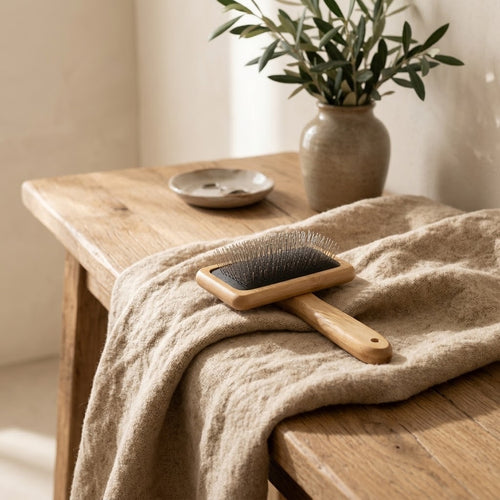 La Caresse, brosse poil long en bambou posée sur un plaid en laine sur une console en chêne