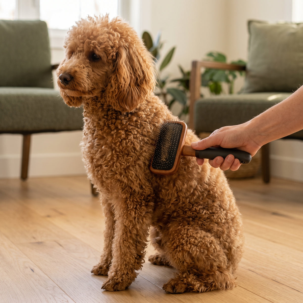 La Caresse, brosse poil bouclé, dans le pelage d'un caniche abricot