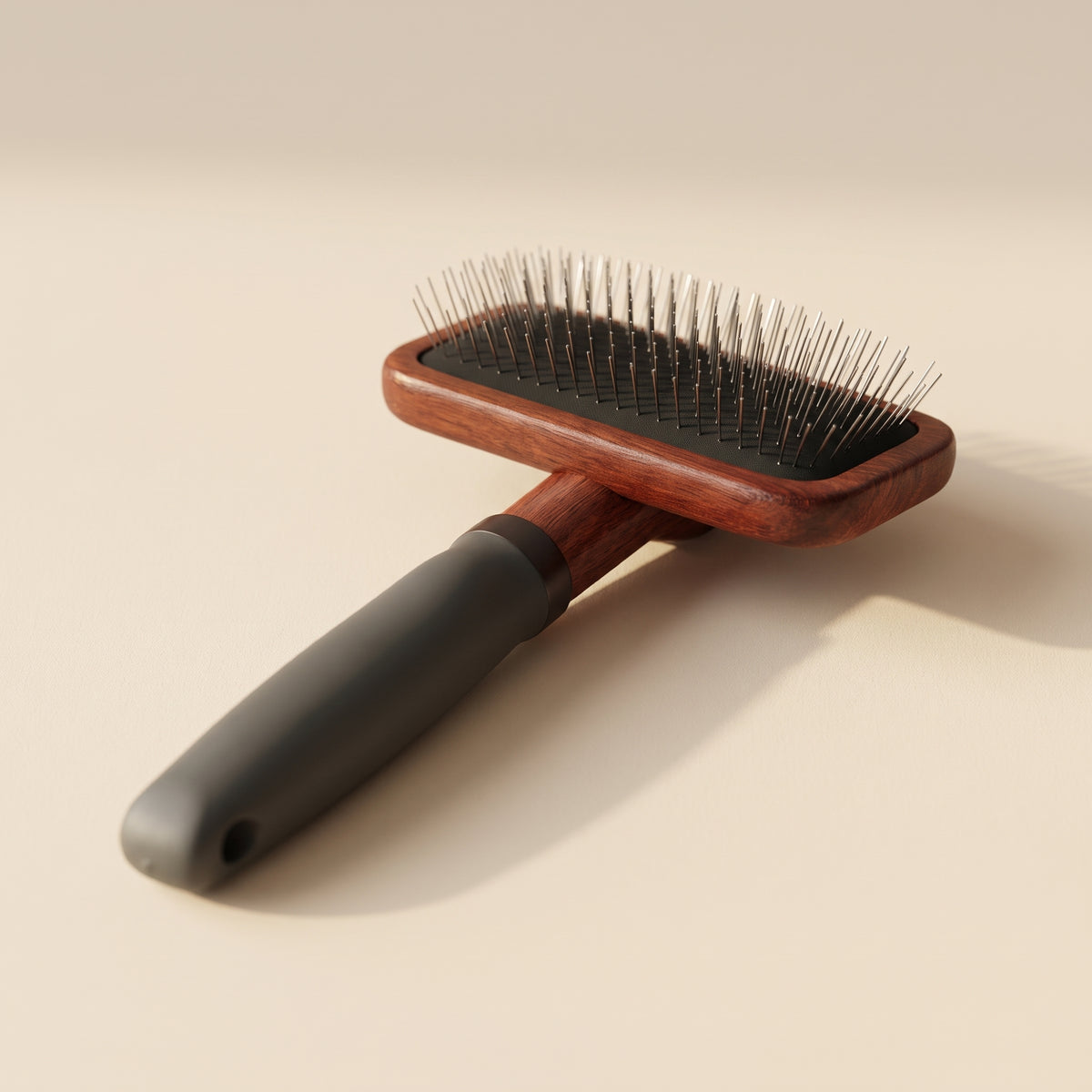 La Caresse, brosse poil bouclé en bois foncé et poignée grise, sur fond lin