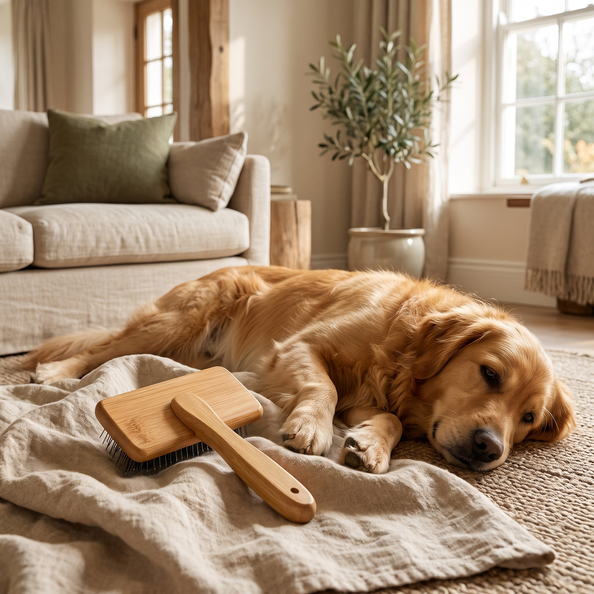 La Caresse, brosse poil long, posée sur un plaid près d'un golden retriever endormi