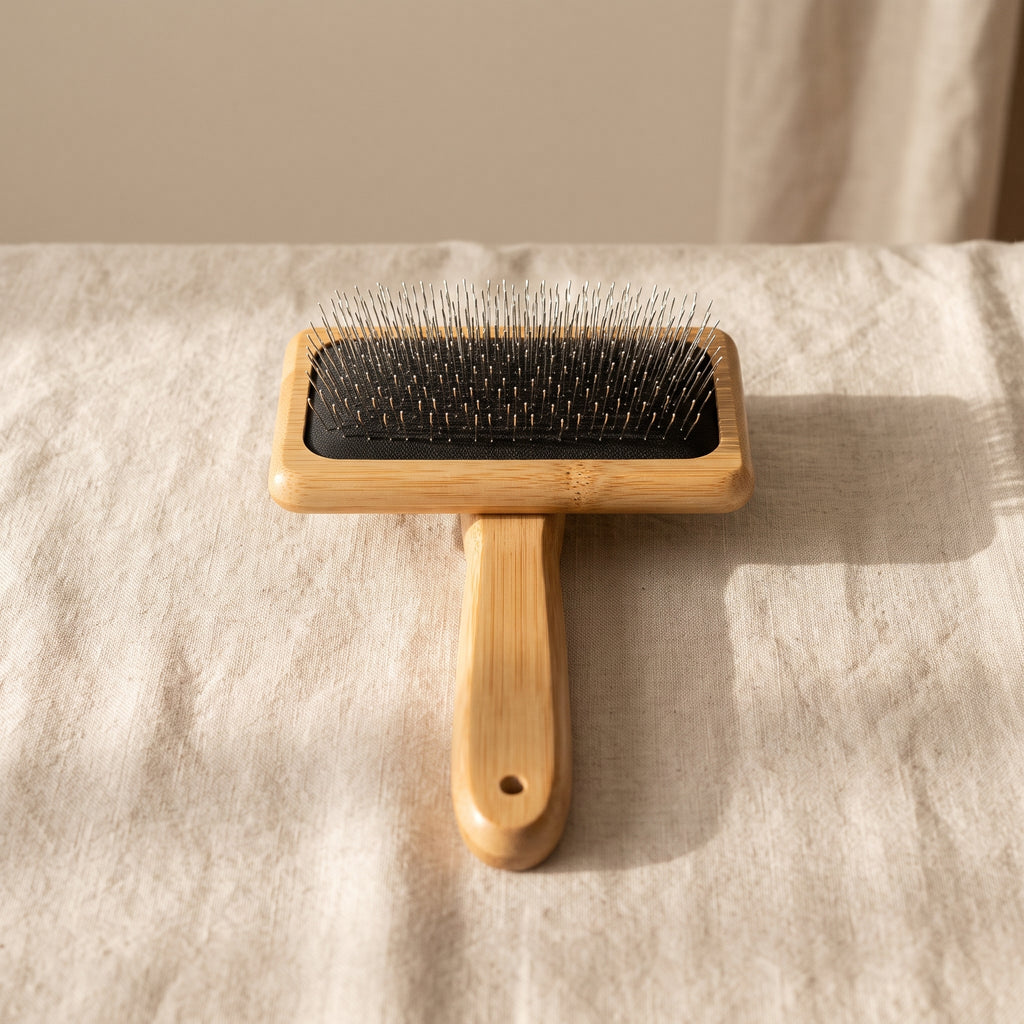 La Caresse, brosse poil long en bambou clair, de face sur fond lin