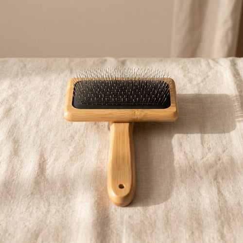 La Caresse, brosse poil long en bambou clair, de face sur fond lin