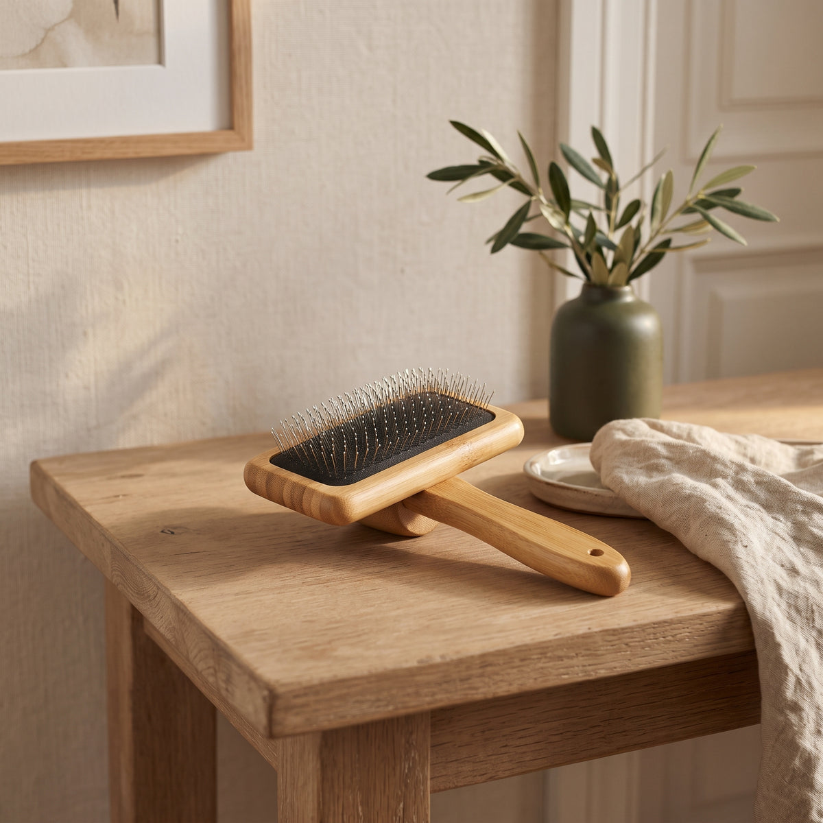 La Caresse, brosse poil long, vue de trois quarts sur une console en chêne