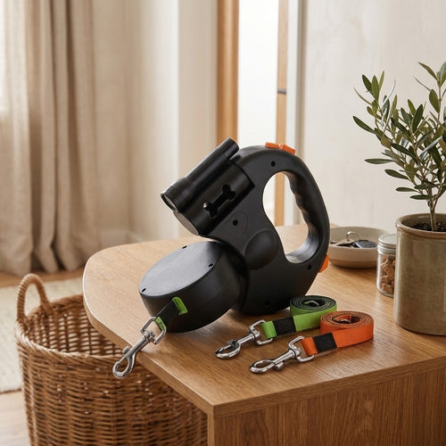 La Flânerie, laisse rétractable double posée sur une console en chêne