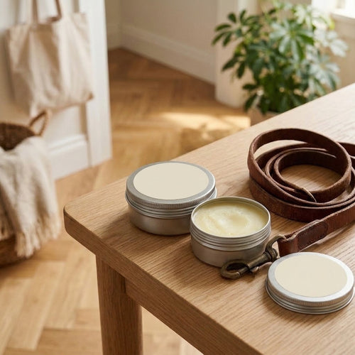 Le Baume, pots ouvert et fermé sur une console en chêne près d'une laisse