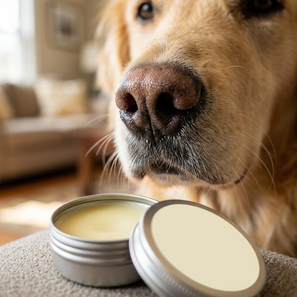 Le Baume ouvert devant la truffe d'un golden retriever