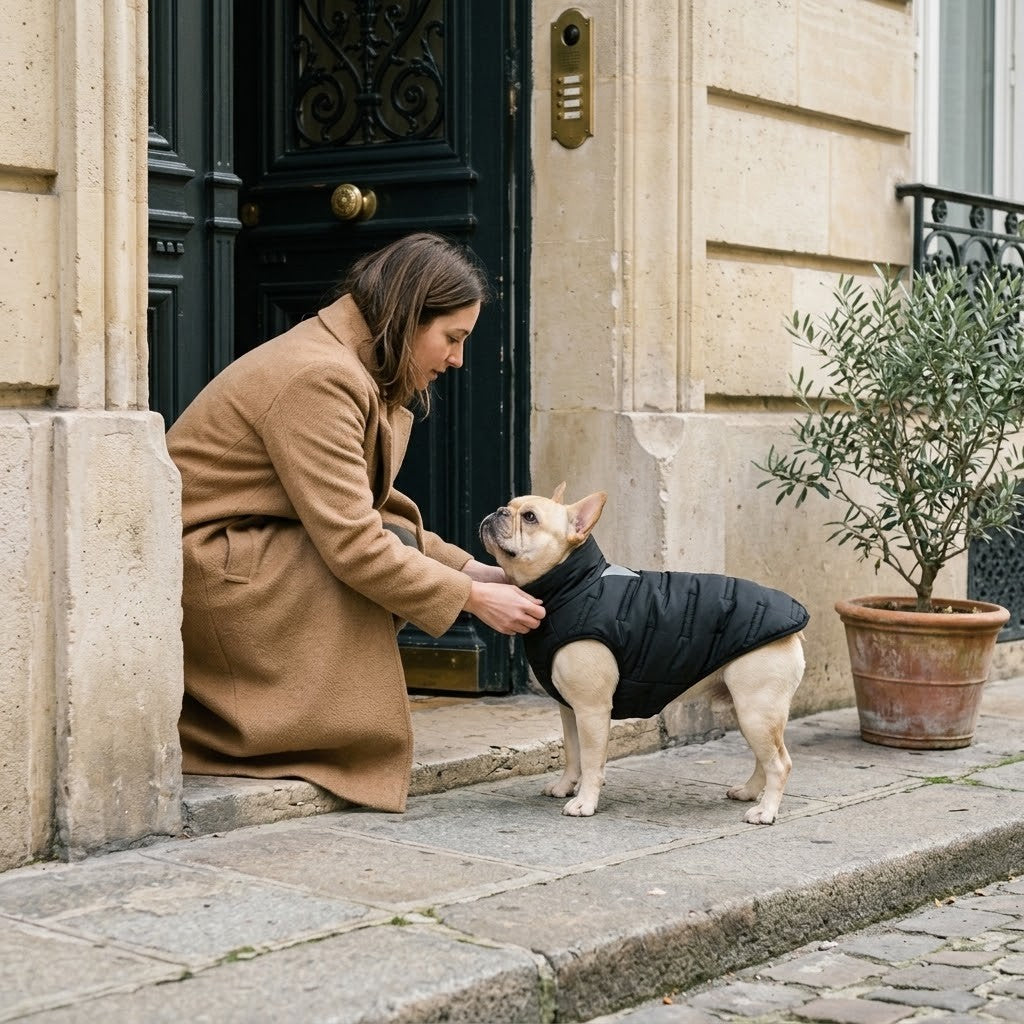 Une femme attache Le Paletot noir sur son bouledogue français devant un immeuble parisien