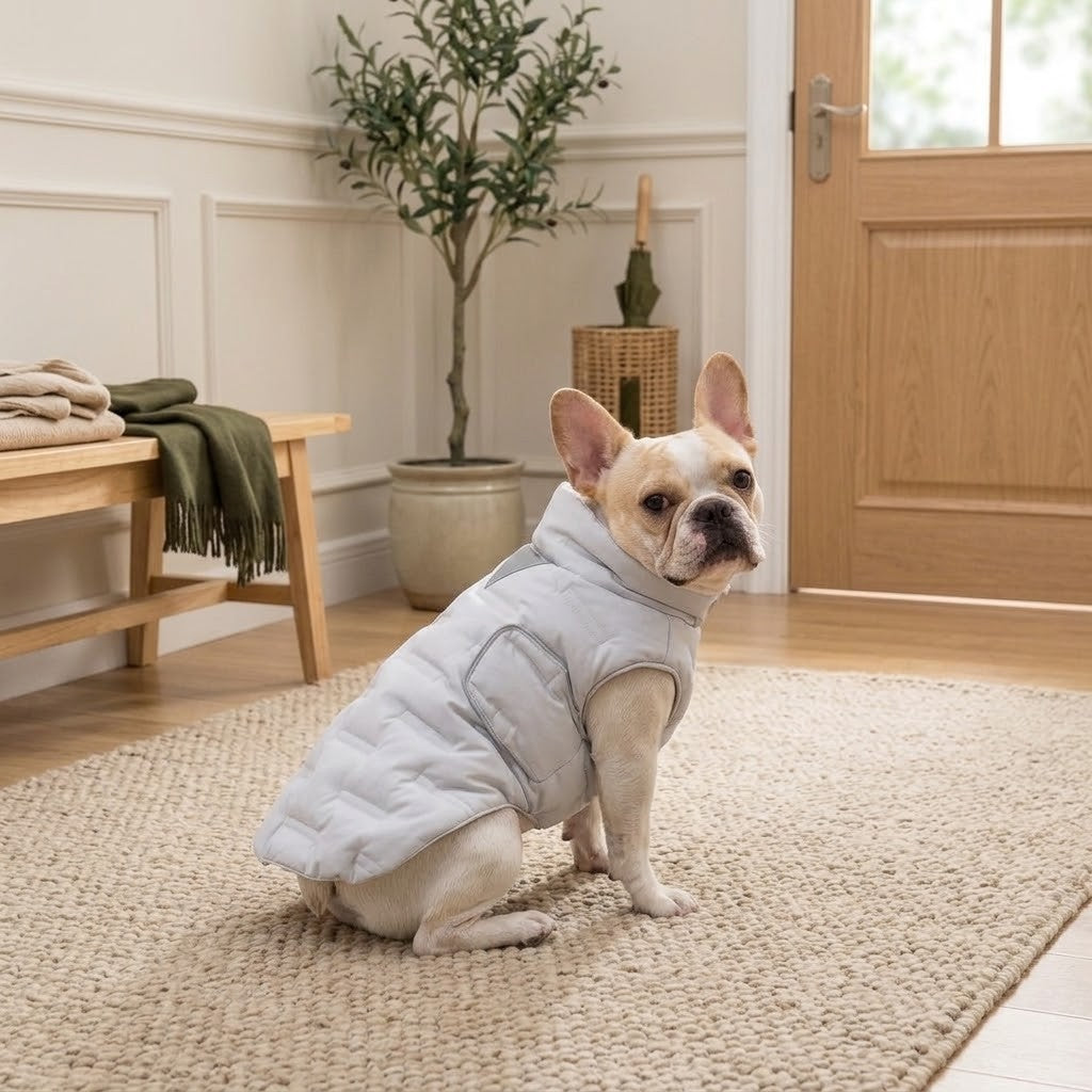 Le Paletot coloris Gris clair porté par un bouledogue français