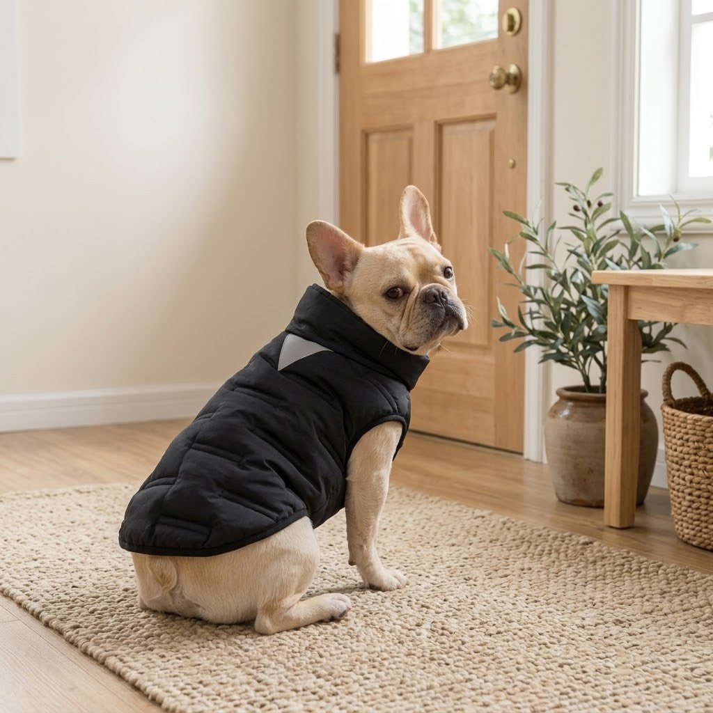 Le Paletot noir porté par un bouledogue français assis dans une entrée