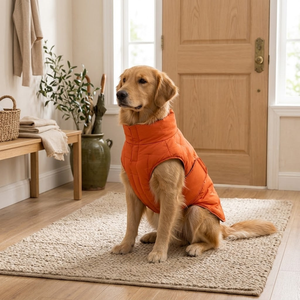Le Paletot coloris Orange porté par un golden retriever