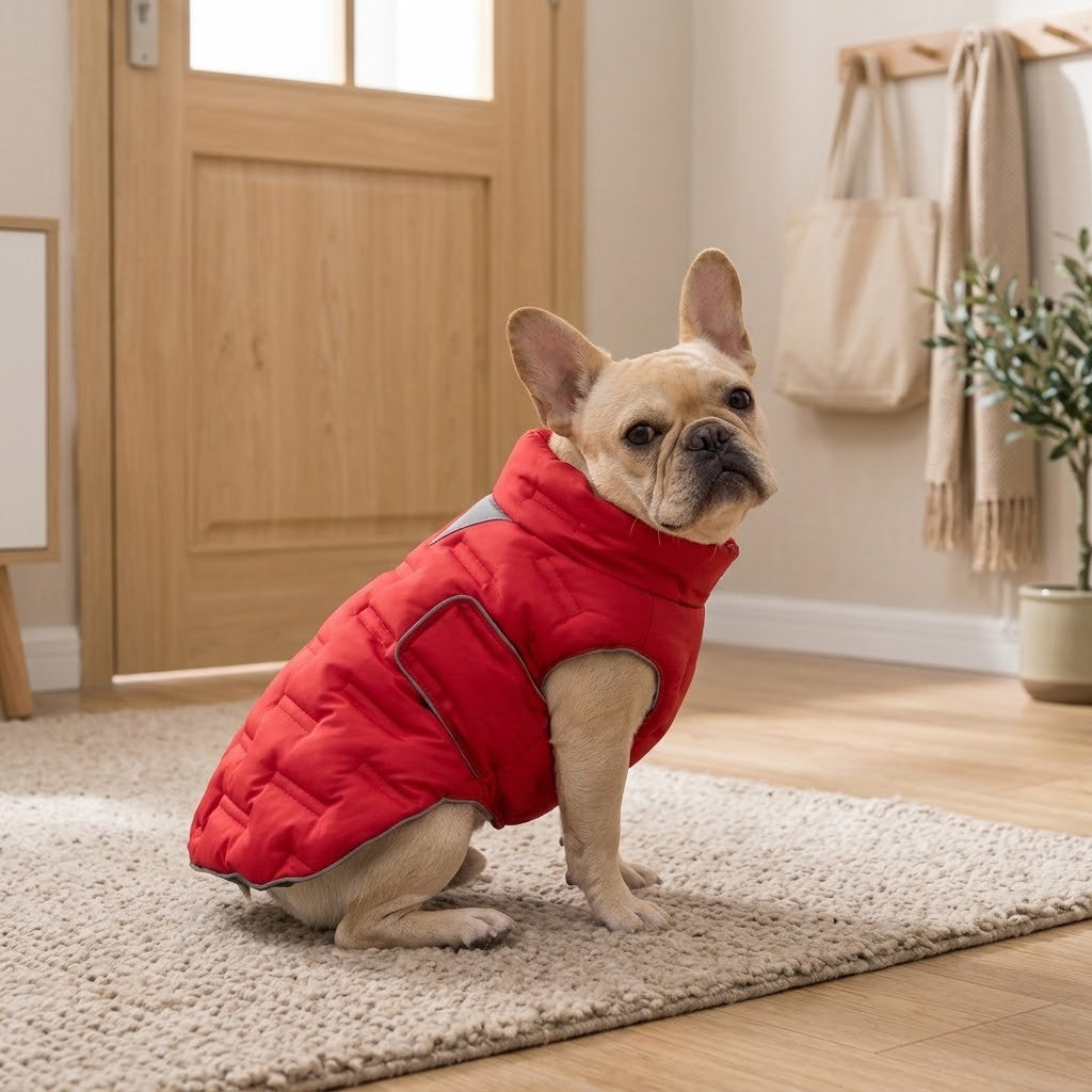 Le Paletot coloris Rouge porté par un bouledogue français