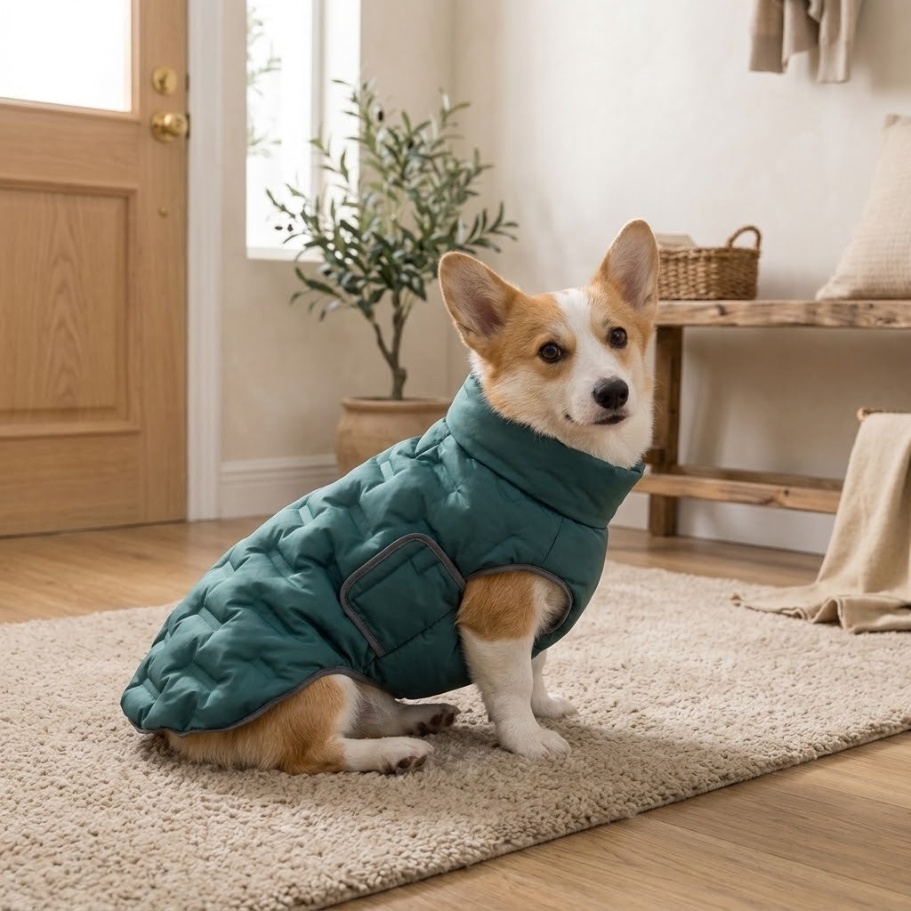 Le Paletot coloris Vert porté par un corgi